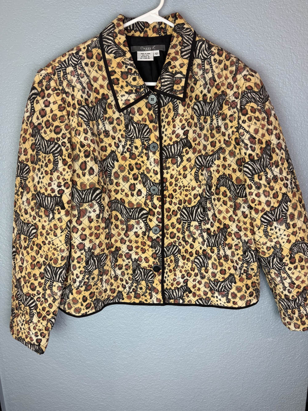 Maggy L Jacket Womens 12 Silk Zebra Leopard Animal Print Quilted Button Up Lined